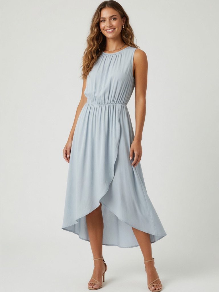 Sz S Tart Barely Blue Silky Pleated Dress W/Draped Front Half Skirt Lining